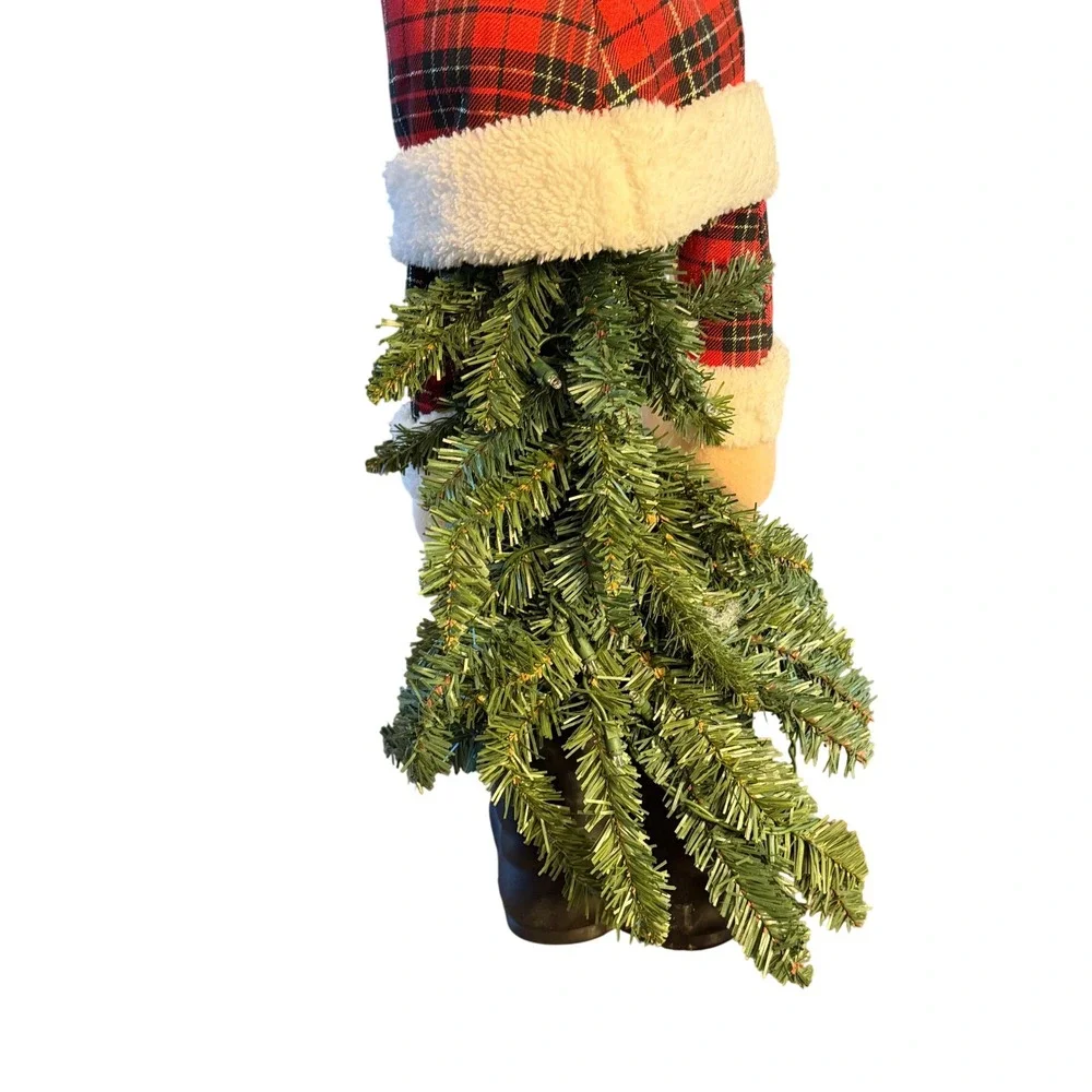 Christmas Gnome Figurine Red Black Plaid Hat with Evergreen Branch Holiday Decor